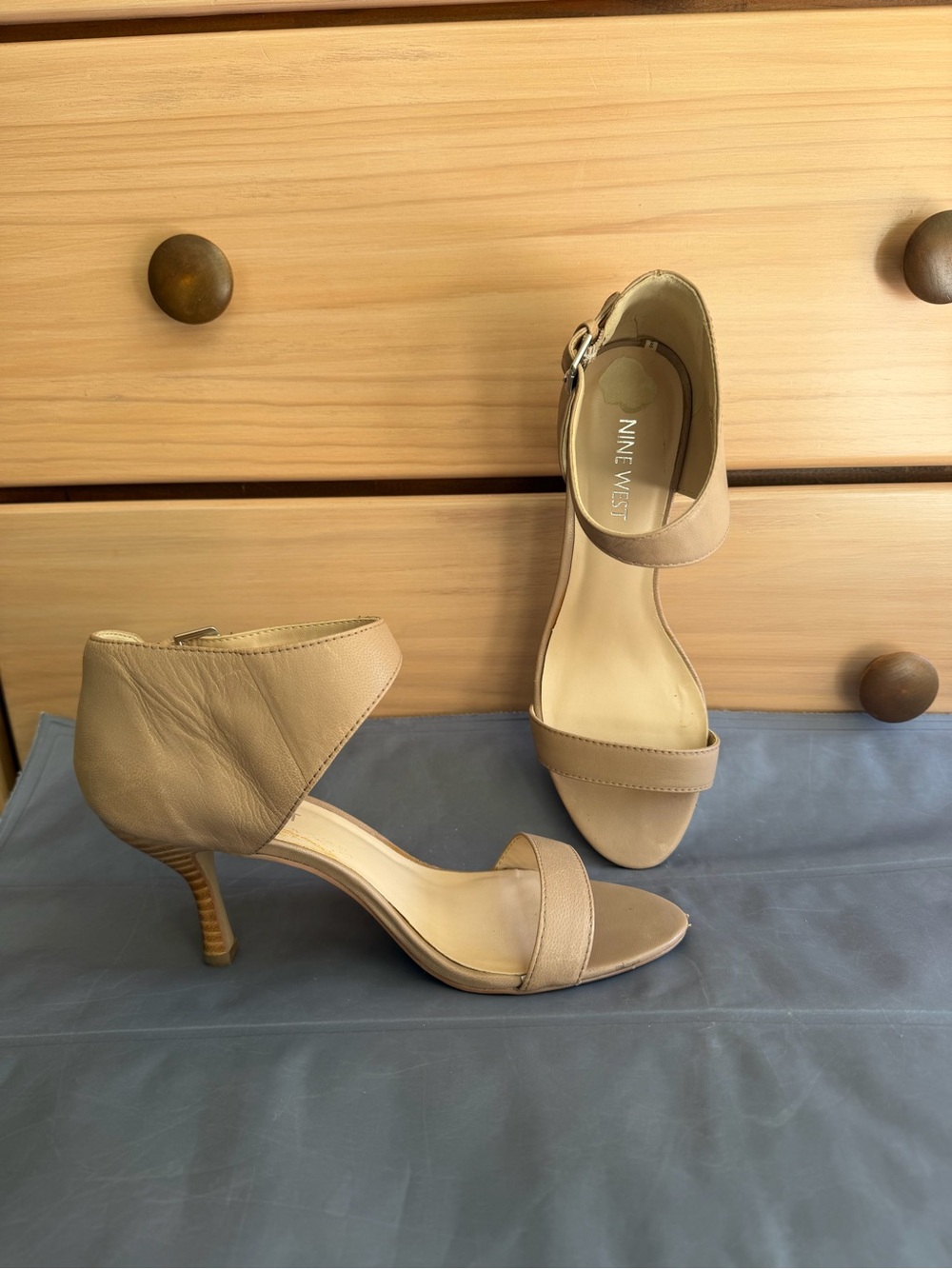 Nine West Beige Ankle Strap Mid-Heels